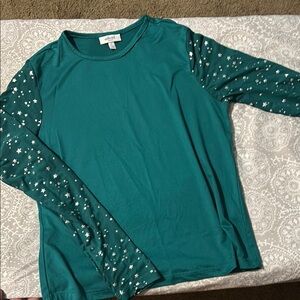Cuddl Duds Green Blouse with Metallic Sleeve Details